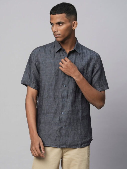 Men's 100% Linen Navy Regular Fit Short Sleeved Shirt - Image 3