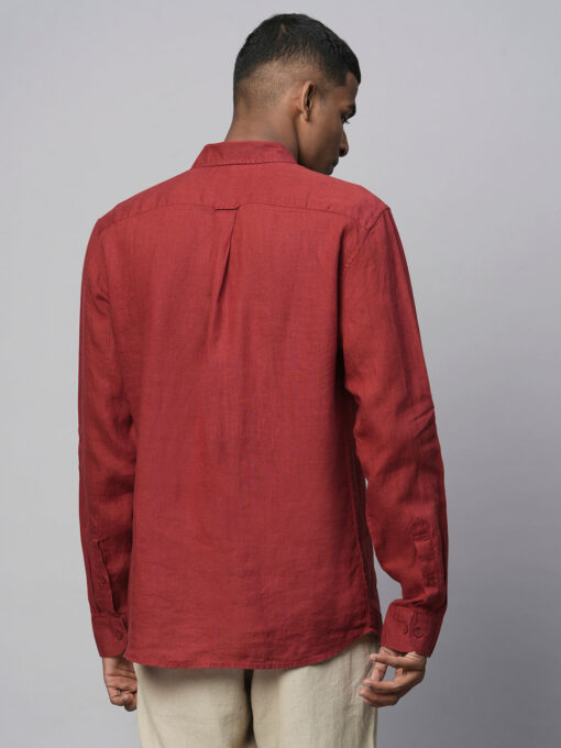 Men's 100% Linen Red Regular Fit Long Sleeved Shirt - Image 5