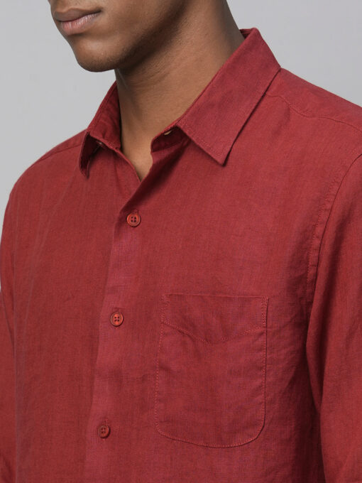 Men's 100% Linen Red Regular Fit Long Sleeved Shirt - Image 7