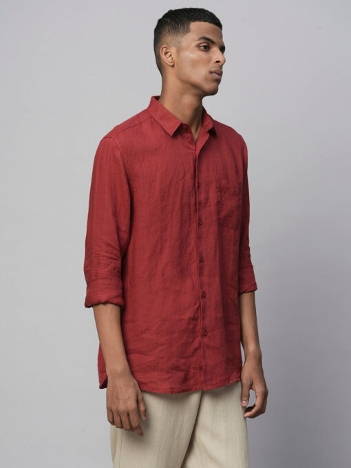 Men's 100% Linen Red Regular Fit Long Sleeved Shirt - Image 3