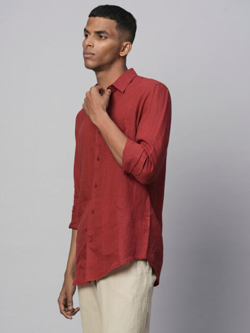 Men's 100% Linen Red Regular Fit Long Sleeved Shirt - Image 4