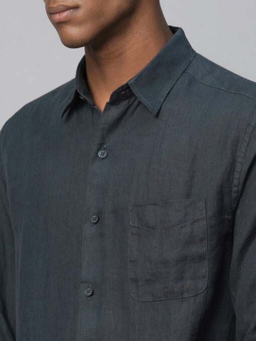 Men's 100% Linen Navy Regular Fit Long Sleeved Shirt - Image 7