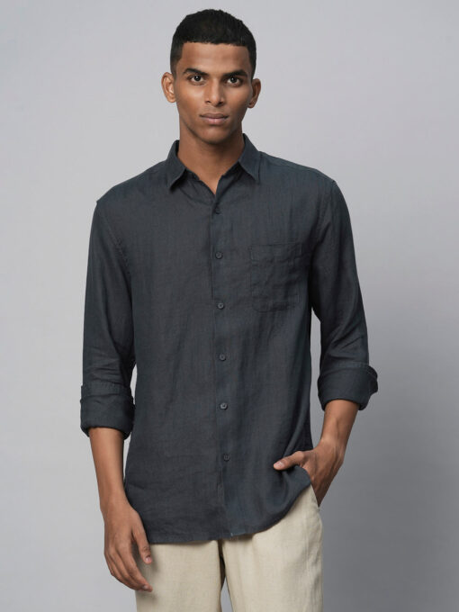 Men's 100% Linen Navy Regular Fit Long Sleeved Shirt - Image 2