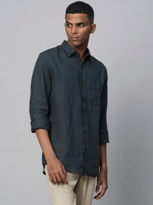 Men's 100% Linen Navy Regular Fit Long Sleeved Shirt - Image 4