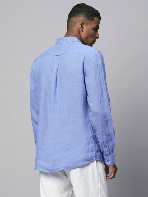 Men's Blue 100% Linen Regular Fit Long Sleeved Shirt - Image 5