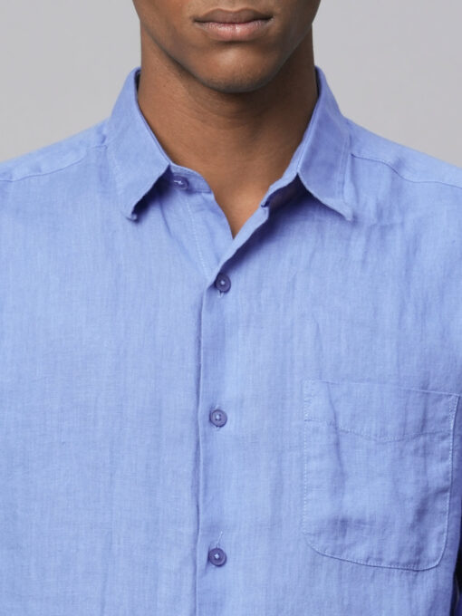 Men's Blue 100% Linen Regular Fit Long Sleeved Shirt - Image 6