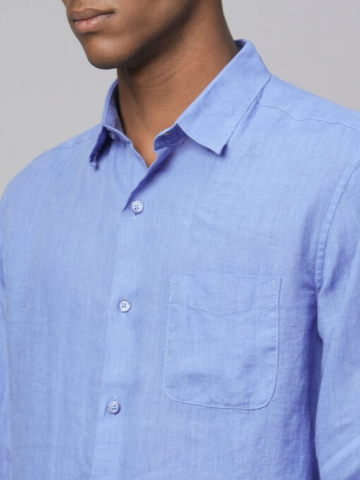 Men's Blue 100% Linen Regular Fit Long Sleeved Shirt - Image 7