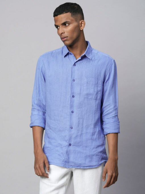 Men's Blue 100% Linen Regular Fit Long Sleeved Shirt - Image 2