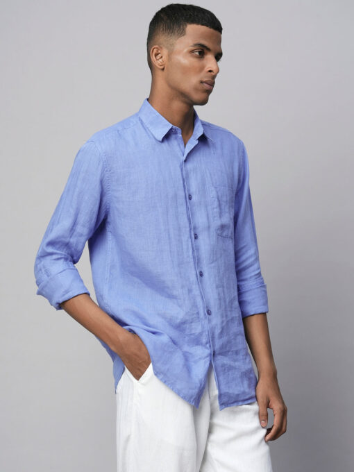 Men's Blue 100% Linen Regular Fit Long Sleeved Shirt - Image 3