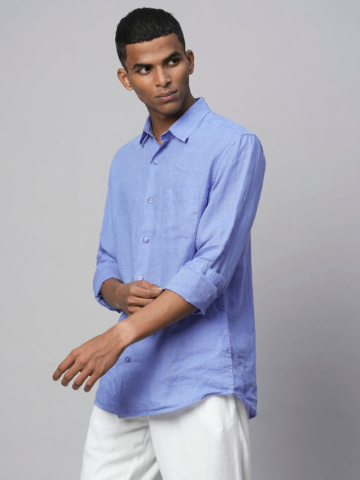 Men's Blue 100% Linen Regular Fit Long Sleeved Shirt - Image 4