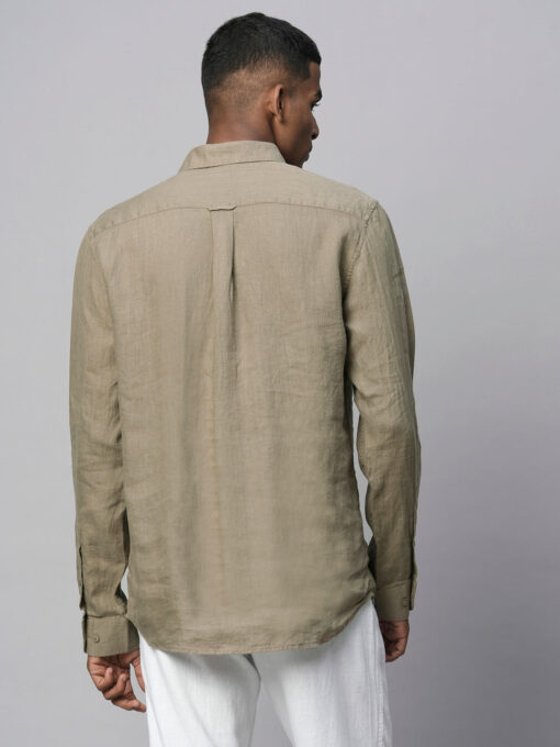 Men's Brown 100% Linen Regular Fit Long Sleeved Shirt - Image 5