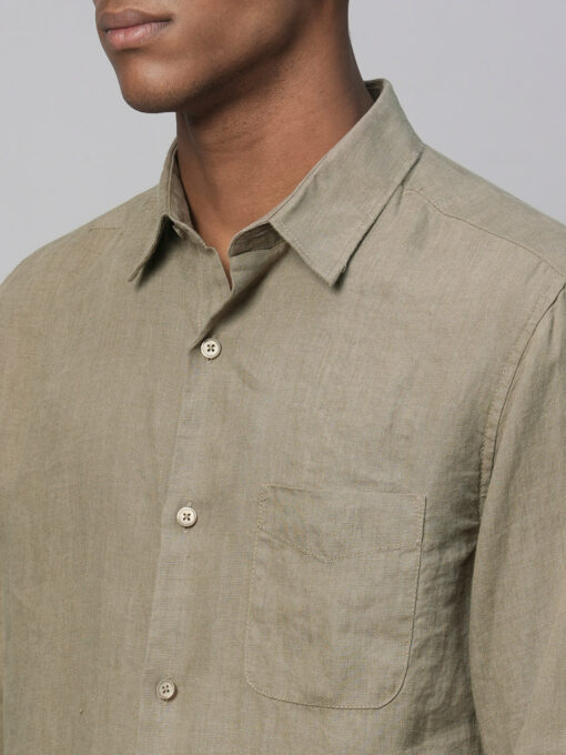 Men's Brown 100% Linen Regular Fit Long Sleeved Shirt - Image 7