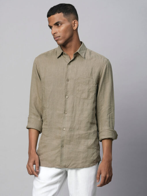 Men's Brown 100% Linen Regular Fit Long Sleeved Shirt - Image 2