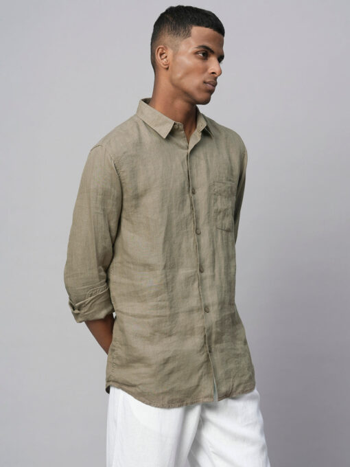 Men's Brown 100% Linen Regular Fit Long Sleeved Shirt - Image 4