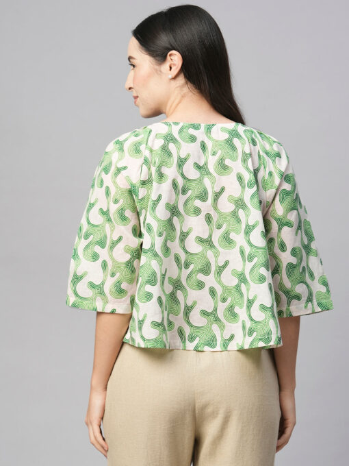 Women's Green Cotton Flax Regular Fit Blouse - Image 5