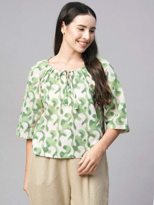 Women's Green Cotton Flax Regular Fit Blouse - Image 2