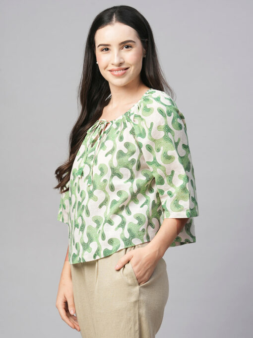 Women's Green Cotton Flax Regular Fit Blouse - Image 3