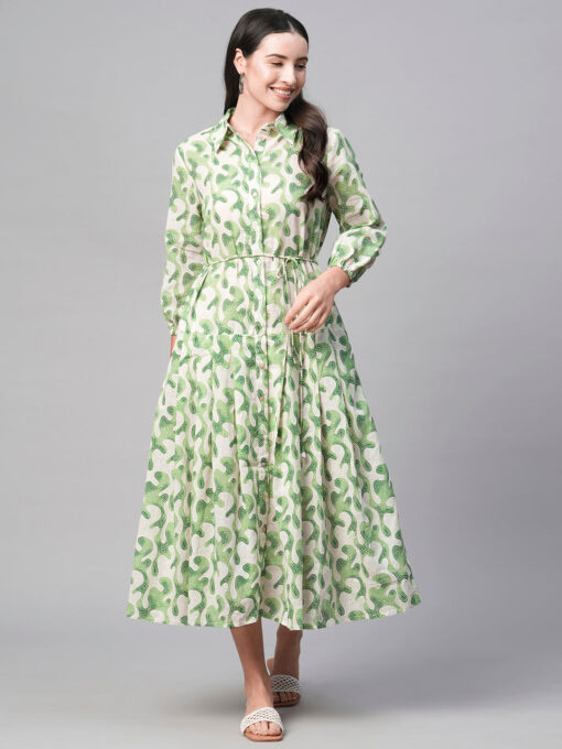 Women's Green Cotton Flax Regular Fit Dress - Image 2