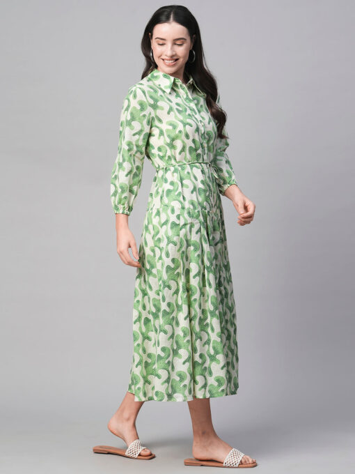 Women's Green Cotton Flax Regular Fit Dress - Image 4