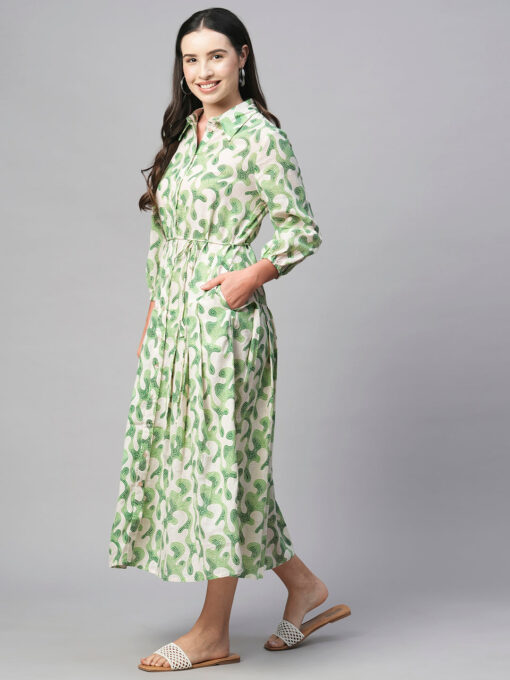 Women's Green Cotton Flax Regular Fit Dress - Image 3