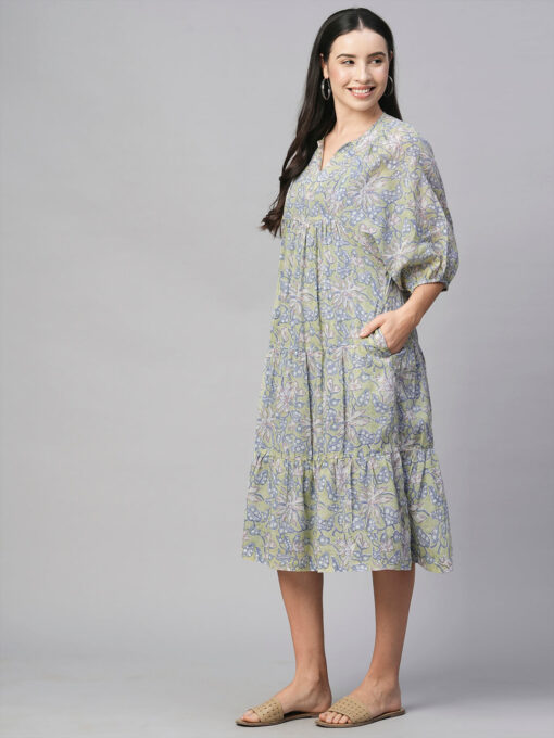 Women's Green Cotton Regular Fit Dress - Image 3