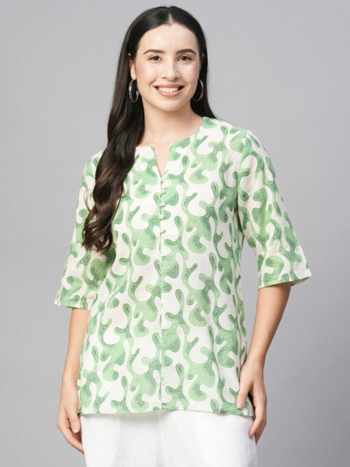 Women's Green Cotton Flax Regular Fit Blouse - Image 2