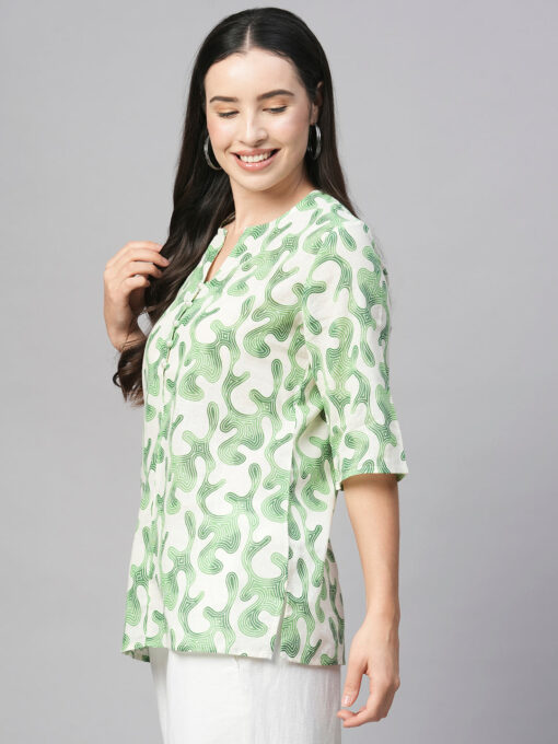 Women's Green Cotton Flax Regular Fit Blouse - Image 3