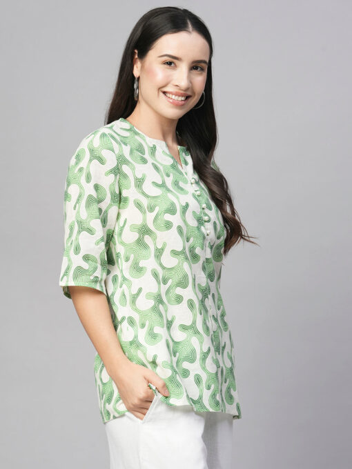 Women's Green Cotton Flax Regular Fit Blouse - Image 4