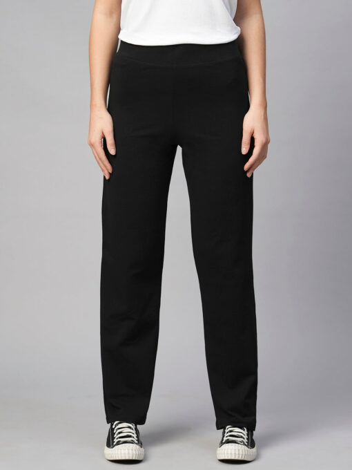 Women's Black Cotton Elastane Regular Fit Pant - Image 2