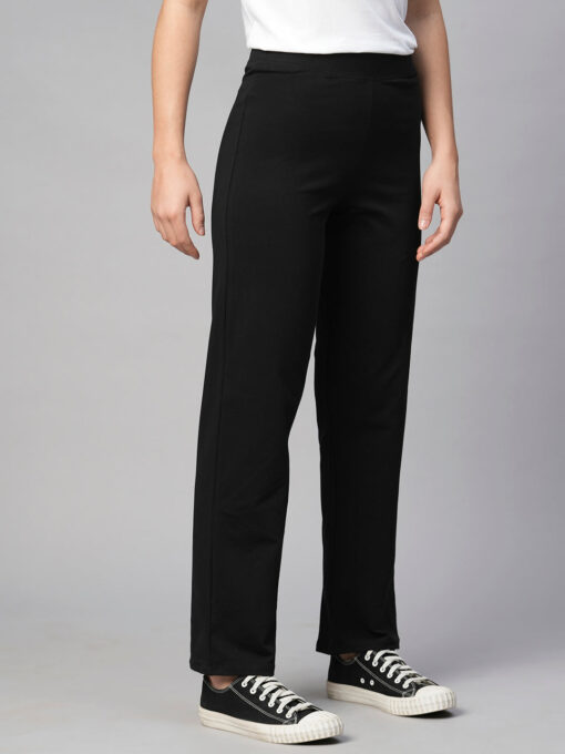 Women's Black Cotton Elastane Regular Fit Pant - Image 4