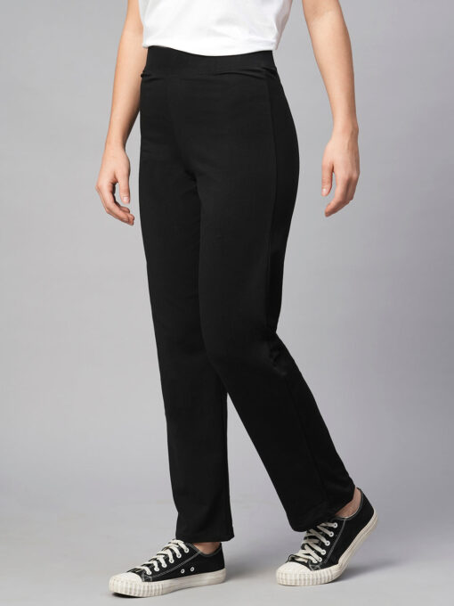 Women's Black Cotton Elastane Regular Fit Pant - Image 3