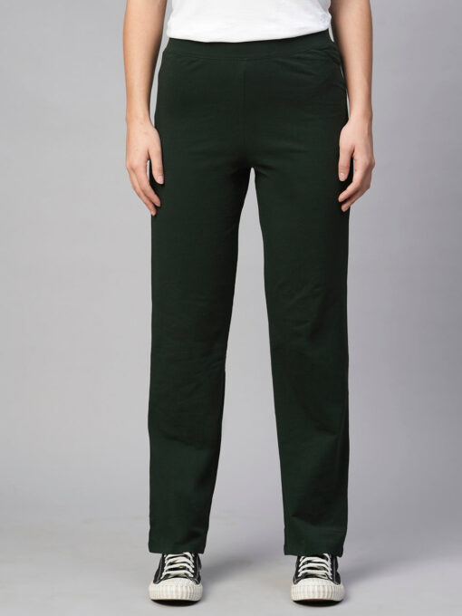 Women's Green Cotton Elastane Regular Fit Knit Pant - Image 2