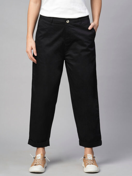 Women's Black Cotton Elastane Loose Fit Pant - Image 2