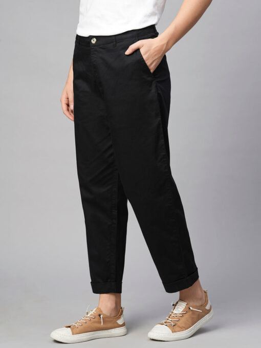 Women's Black Cotton Elastane Loose Fit Pant - Image 3