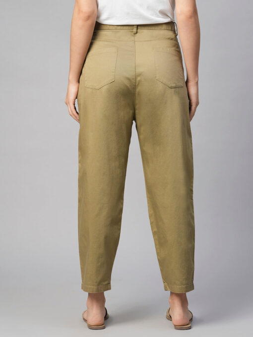 Women's Khaki Cotton Elastane Loose Fit Pant - Image 5