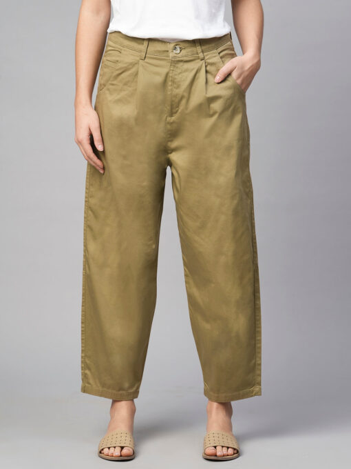 Women's Khaki Cotton Elastane Loose Fit Pant - Image 2