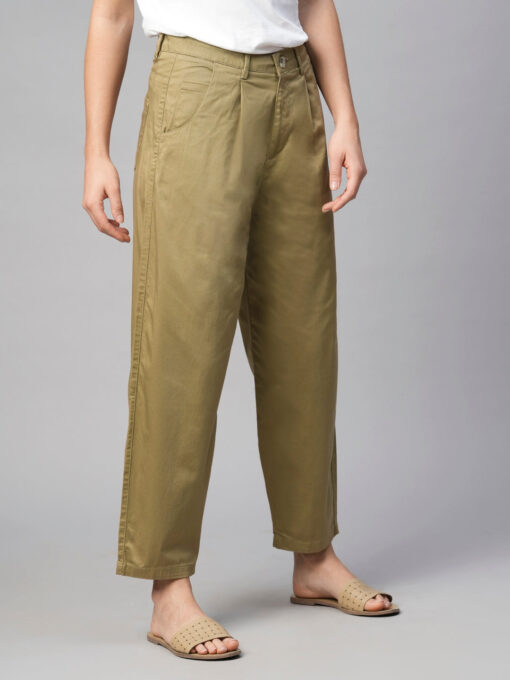 Women's Khaki Cotton Elastane Loose Fit Pant - Image 4