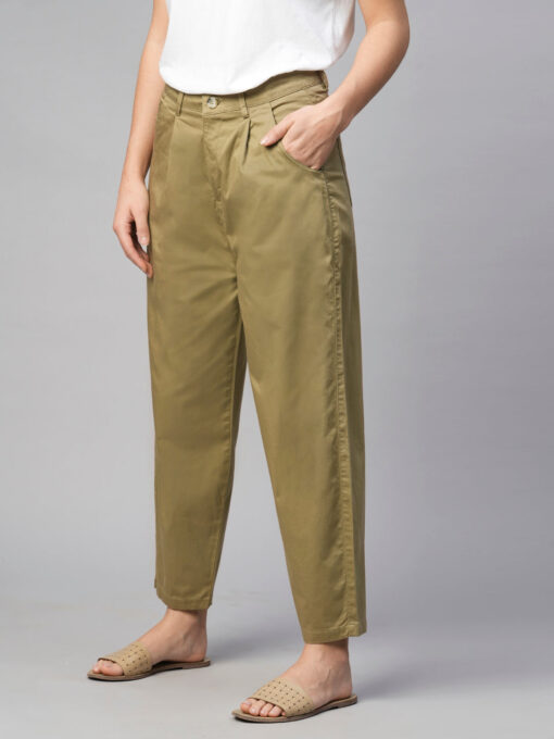 Women's Khaki Cotton Elastane Loose Fit Pant - Image 3