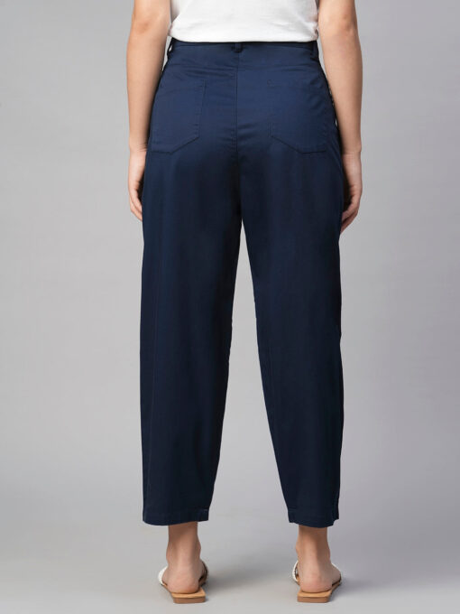 Women's Navy Cotton Elastane Loose Fit Pant - Image 5