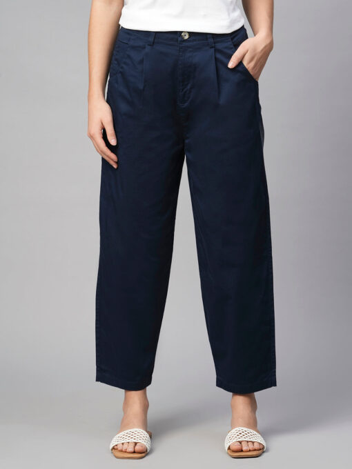 Women's Navy Cotton Elastane Loose Fit Pant - Image 2