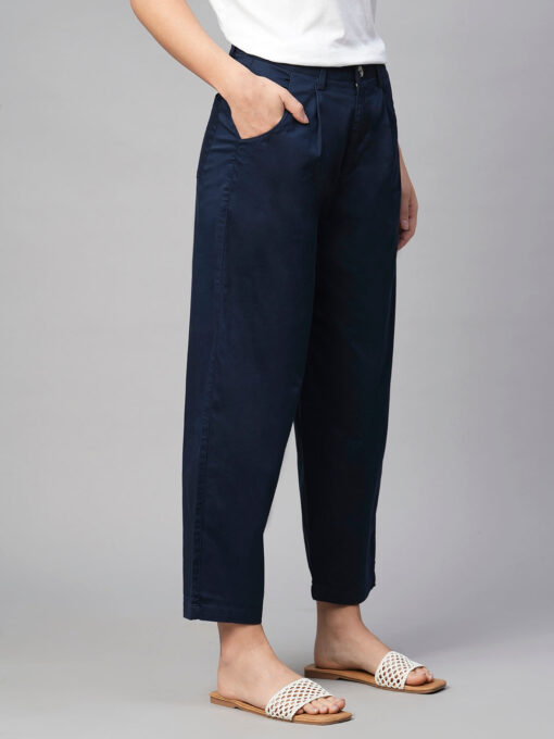 Women's Navy Cotton Elastane Loose Fit Pant - Image 4