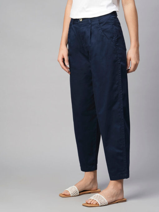 Women's Navy Cotton Elastane Loose Fit Pant - Image 3