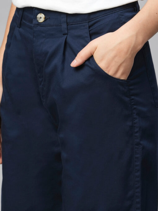 Women's Navy Cotton Elastane Loose Fit Pant - Image 6