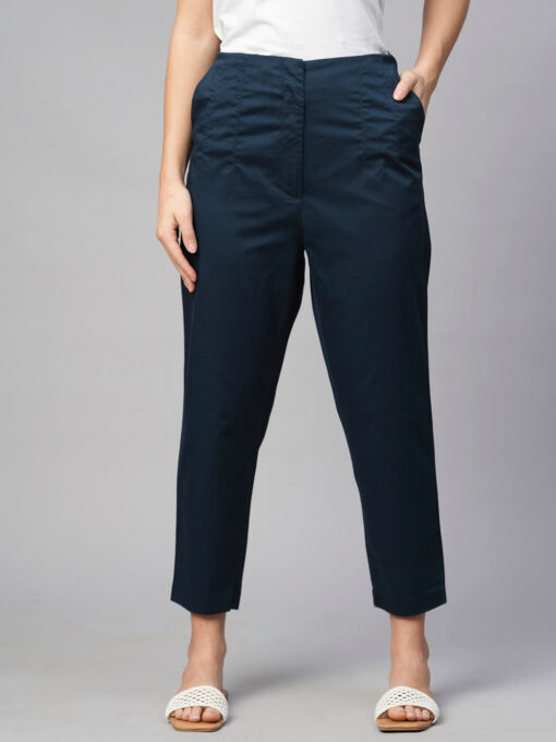 Women's Navy Cotton Elastane Slim Fit Pant - Image 2