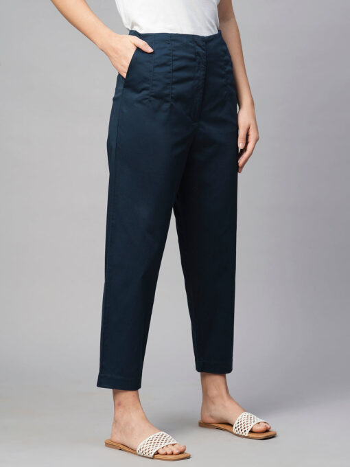 Women's Navy Cotton Elastane Slim Fit Pant - Image 4