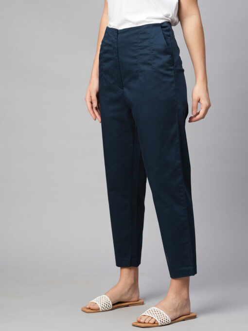 Women's Navy Cotton Elastane Slim Fit Pant - Image 3