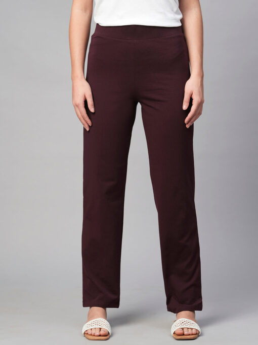 Women's Wine Cotton Elastane Regular Fit Knit Pant - Image 2