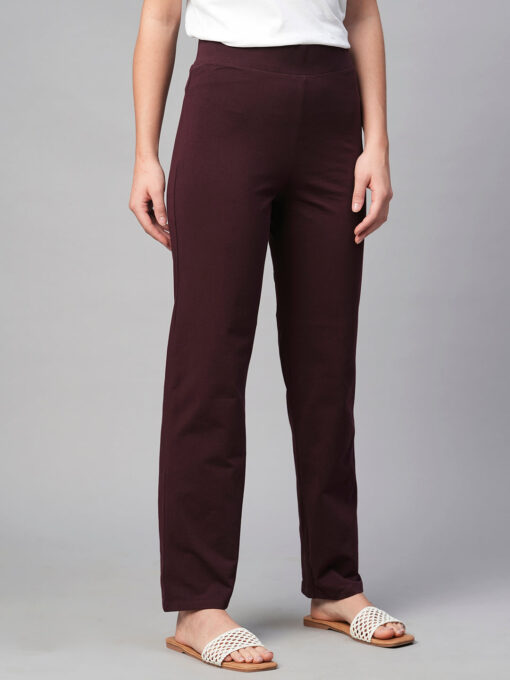 Women's Wine Cotton Elastane Regular Fit Knit Pant - Image 4