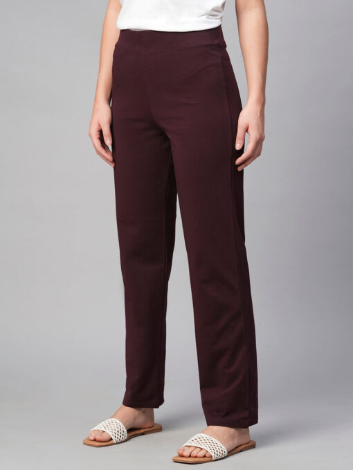 Women's Wine Cotton Elastane Regular Fit Knit Pant - Image 3