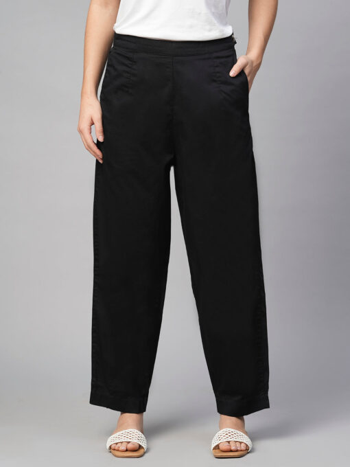 Women's Black Cotton Elastane Regular Fit Pant - Image 2